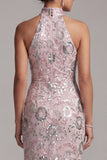 Light Pink Sheath Halter Sequins Long Mother of the Bride Dress with Side Slit