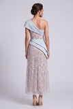 Light Blue Sheath One Shoulder Sequins Maxi Mother of the Bride Dress with Draping