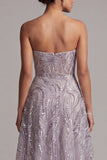 Lilac A-Line Strapless Sequins Long Mother of the Bride Dress