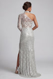 Grey Sheath One Shoulder Sequins Maxi Mother of the Bride Dress with Side Slit