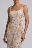 Champagne Sheath Square Neck Ruched Sequins Mother of the Bride Dress with Embroidery