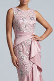 Light Pink Sheath Round Neck Ruffled Midi Mother of the Bride Dress with Sequins