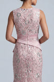 Light Pink Sheath Round Neck Ruffled Midi Mother of the Bride Dress with Sequins