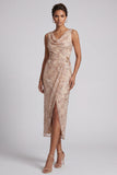 Champagne Sheath Cowl Neck Ruched Midi Mother of the Bride Dress with Side Slit