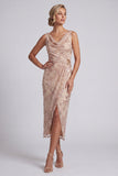 Champagne Sheath Cowl Neck Ruched Midi Mother of the Bride Dress with Side Slit