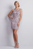 Lilac Sheath Bateau Neck Beaded Short Mother of the Bride Dress