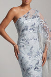Light Blue Sheath One Shoulder Embroidered Midi Mother of the Bride Dress with Fringes