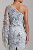 Light Blue Sheath One Shoulder Embroidered Midi Mother of the Bride Dress with Fringes