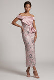 Light Pink Sheath Off the Shoulder Sequins Tea-Length Mother of the Bride Dress with Draping