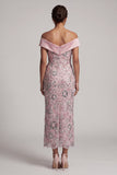 Light Pink Sheath Off the Shoulder Sequins Tea-Length Mother of the Bride Dress with Draping