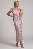 Light Pink Sheath Off the Shoulder Sequins Tea-Length Mother of the Bride Dress with Draping