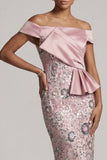 Light Pink Sheath Off the Shoulder Sequins Tea-Length Mother of the Bride Dress with Draping