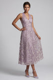 Lilac A-Line Halter Embroidered Midi Mother of the Bride Dress