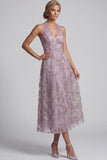 Lilac A-Line Halter Embroidered Midi Mother of the Bride Dress
