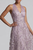 Lilac A-Line Halter Embroidered Midi Mother of the Bride Dress