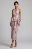 Light Pink Sheath Halter Draping Midi Mother of the Bride Dress with Beading