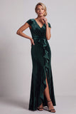 Dark Green Cap Sleeves Beaded Asymmetrical Mermaid Mother of the Bride Dress with Ruffle Slit