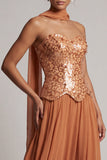 Bronzer Sequins Chiffon Strapless Beaded Ankle Length Mother of the Bride Dress with Draping