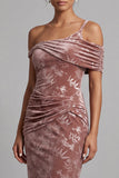 Desert Rose Velvet Asymmetrical One‑Shoulder Ruched Shealth Mother of the Bride Dress