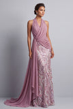 Wisteria Chiffon Halter Neck Sequins Ruched Mermaid Sweep Train Mother of the Bride Dress with Draping