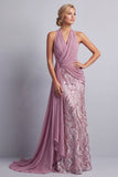 Wisteria Chiffon Halter Neck Sequins Ruched Mermaid Sweep Train Mother of the Bride Dress with Draping