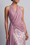 Wisteria Chiffon Halter Neck Sequins Ruched Mermaid Sweep Train Mother of the Bride Dress with Draping