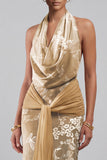 Champagne Velvet Cowl Neck Floral Jacquard Sheath Long Mother of the Bride Dress with Sash