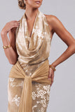 Champagne Velvet Cowl Neck Floral Jacquard Sheath Long Mother of the Bride Dress with Sash