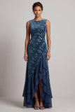 Dark Navy Bateau Neck Velvet Jacquard Asymmetrical Mother of the Bride Dress with Ruffle Slit