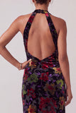 Black Velvet Halter Neck Ruched Sheath Long Mother of the Bride Dress with Ruffle Slit