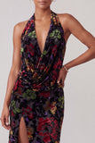 Black Velvet Halter Neck Ruched Sheath Long Mother of the Bride Dress with Ruffle Slit