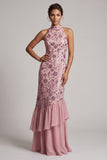 Vintage Mauve Tiered Ruffle Sequins Backless Sheath Long Mother of the Bride Dress