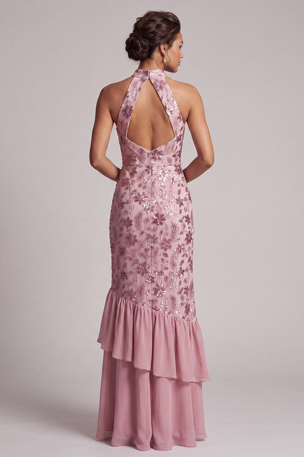 Vintage Mauve Tiered Ruffle Sequins Backless Sheath Long Mother of the Bride Dress