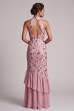 Vintage Mauve Tiered Ruffle Sequins Backless Sheath Long Mother of the Bride Dress