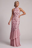 Vintage Mauve Tiered Ruffle Sequins Backless Sheath Long Mother of the Bride Dress