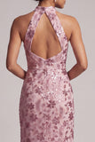 Vintage Mauve Tiered Ruffle Sequins Backless Sheath Long Mother of the Bride Dress