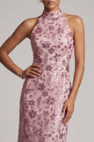 Vintage Mauve Tiered Ruffle Sequins Backless Sheath Long Mother of the Bride Dress