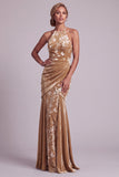 Champagne Velvet Halter Neck Mermaid Long Mother of the Bride Dress with Draping