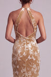 Champagne Velvet Halter Neck Mermaid Long Mother of the Bride Dress with Draping