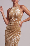 Champagne Velvet Halter Neck Mermaid Long Mother of the Bride Dress with Draping