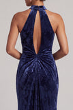 Dark Navy Velvet Ruched High Neck Mermaid Long Mother of the Bride Dress