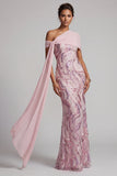 Sparkly Pink One Shoulder Sequins Mermaid Long Mother of the Bride Dress with Beading