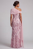 Sparkly Pink One Shoulder Sequins Mermaid Long Mother of the Bride Dress with Beading