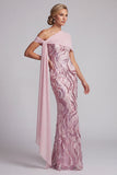 Sparkly Pink One Shoulder Sequins Mermaid Long Mother of the Bride Dress with Beading
