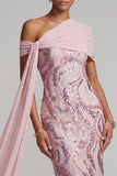 Sparkly Pink One Shoulder Sequins Mermaid Long Mother of the Bride Dress with Beading