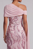 Sparkly Pink One Shoulder Sequins Mermaid Long Mother of the Bride Dress with Beading