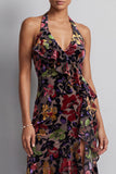 Black Velvet Floral Halter Neck High Low Asymmetrical A-Line Mother of the Bride Dress with Side Slit Ruffles
