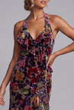 Black Velvet Floral Halter Neck High Low Asymmetrical A-Line Mother of the Bride Dress with Side Slit Ruffles