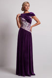 Plum Velvet Bateau Neck Ruched Sequins A-Line Long Mother of the Bride Dress with Beading