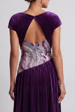 Plum Velvet Bateau Neck Ruched Sequins A-Line Long Mother of the Bride Dress with Beading